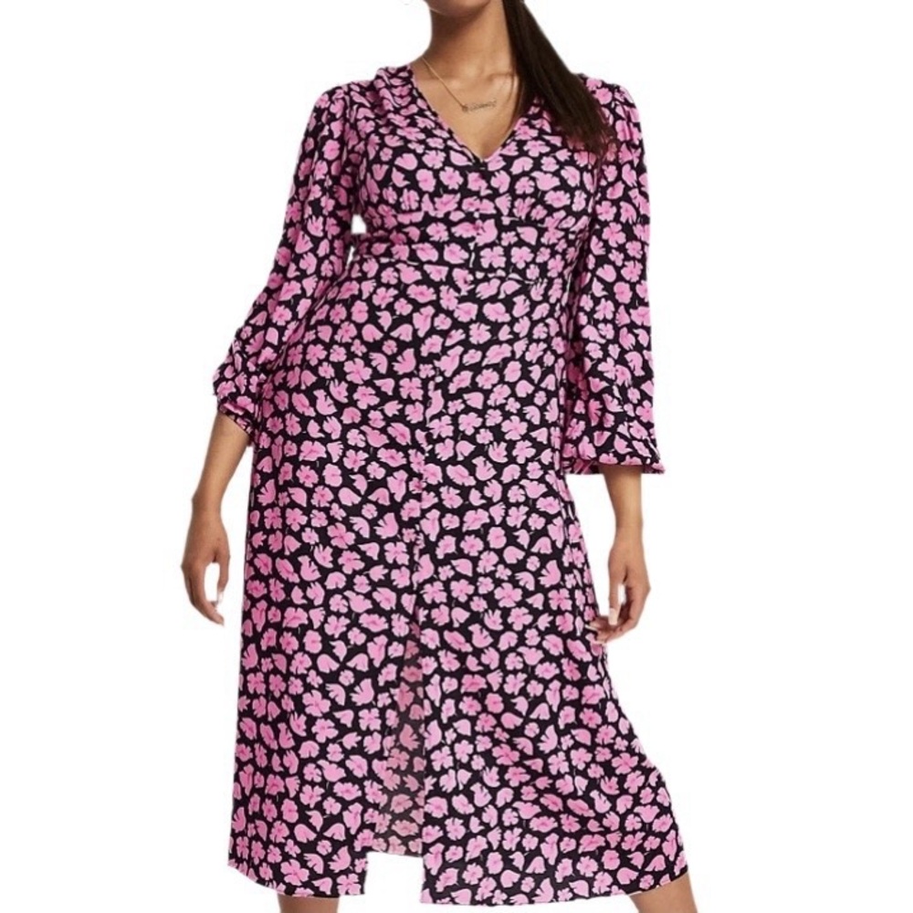 🎀 5/$25 Miss Selfridge Pink and Black Floral Long Sleeve Midi Dress sz US 0